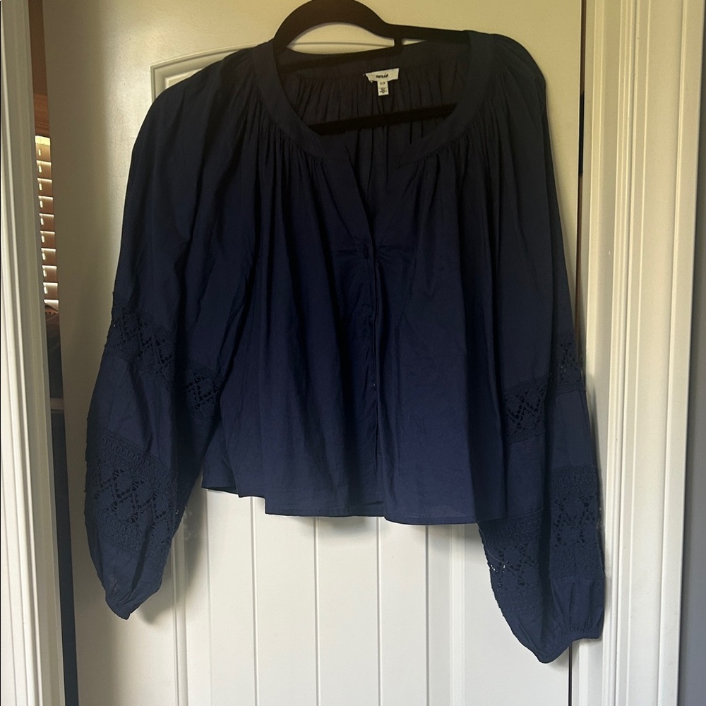 Aerie Deep Blue Blouse with Lace Sleeves
